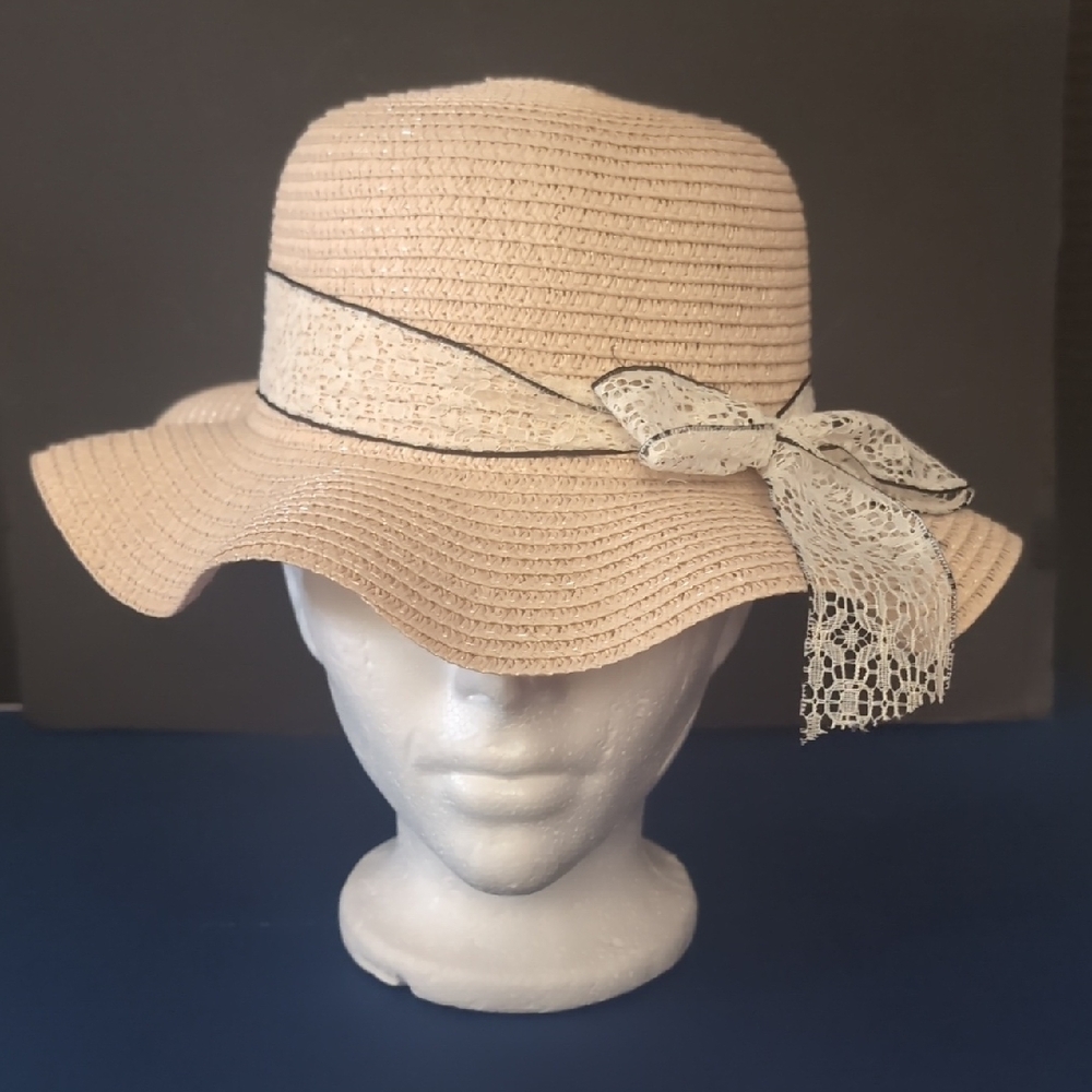 Sun Hat with Lace Bow Light Pink Salmon Colour Boho Casual NEW